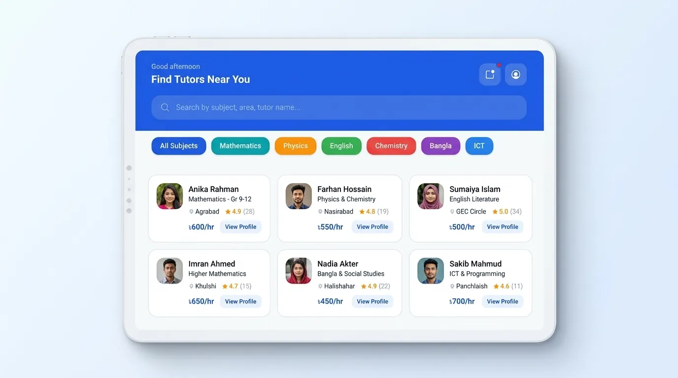 Tutorly on a tablet showing tutors near you, filterable by subject