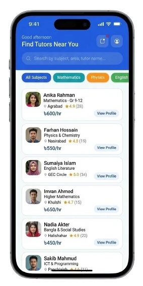Tutorly app home screen listing nearby tutors with ratings and hourly rates